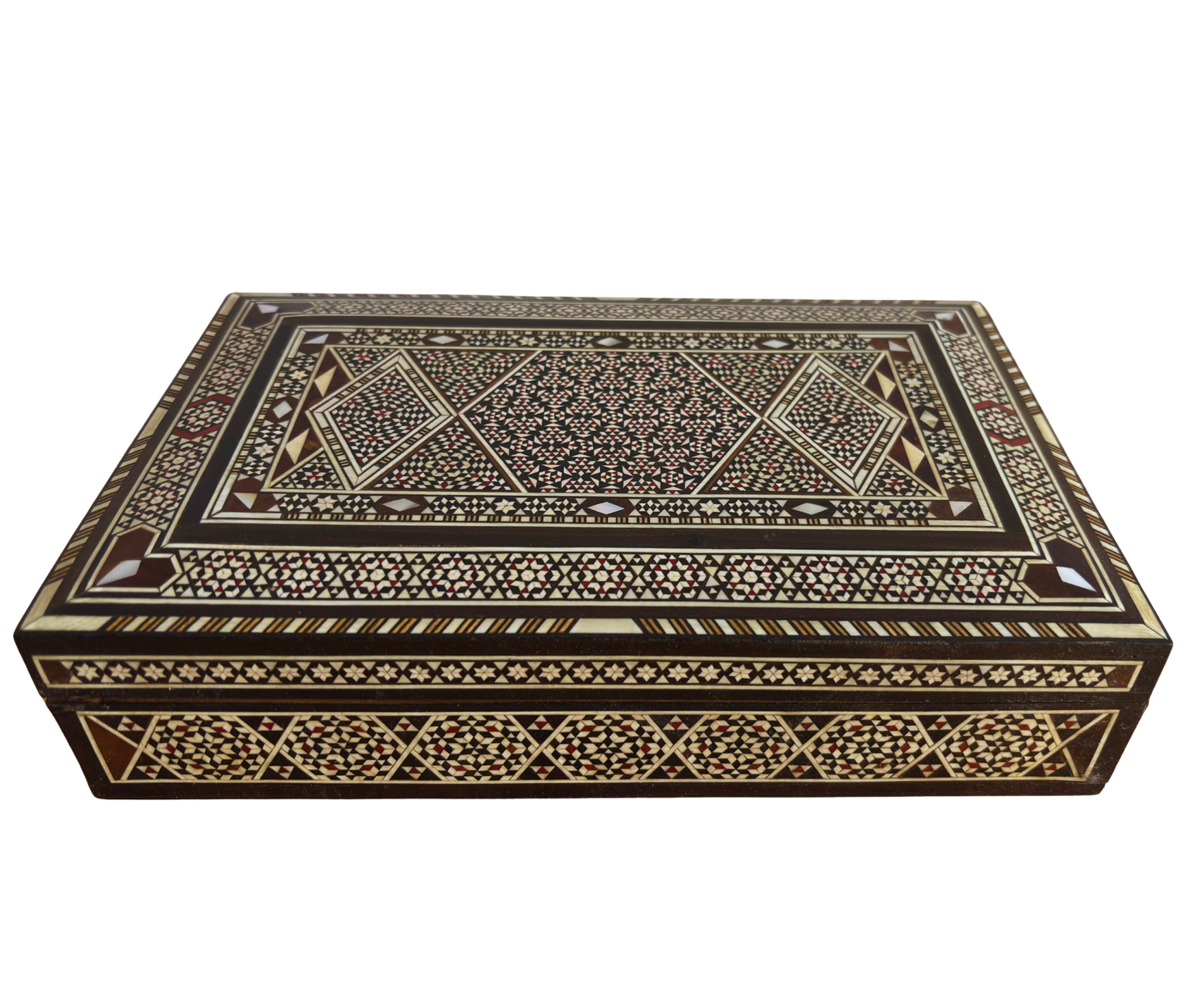 Vintage 1970 Damasceense Sieradendoos – Handgemaakt Houten Juweel