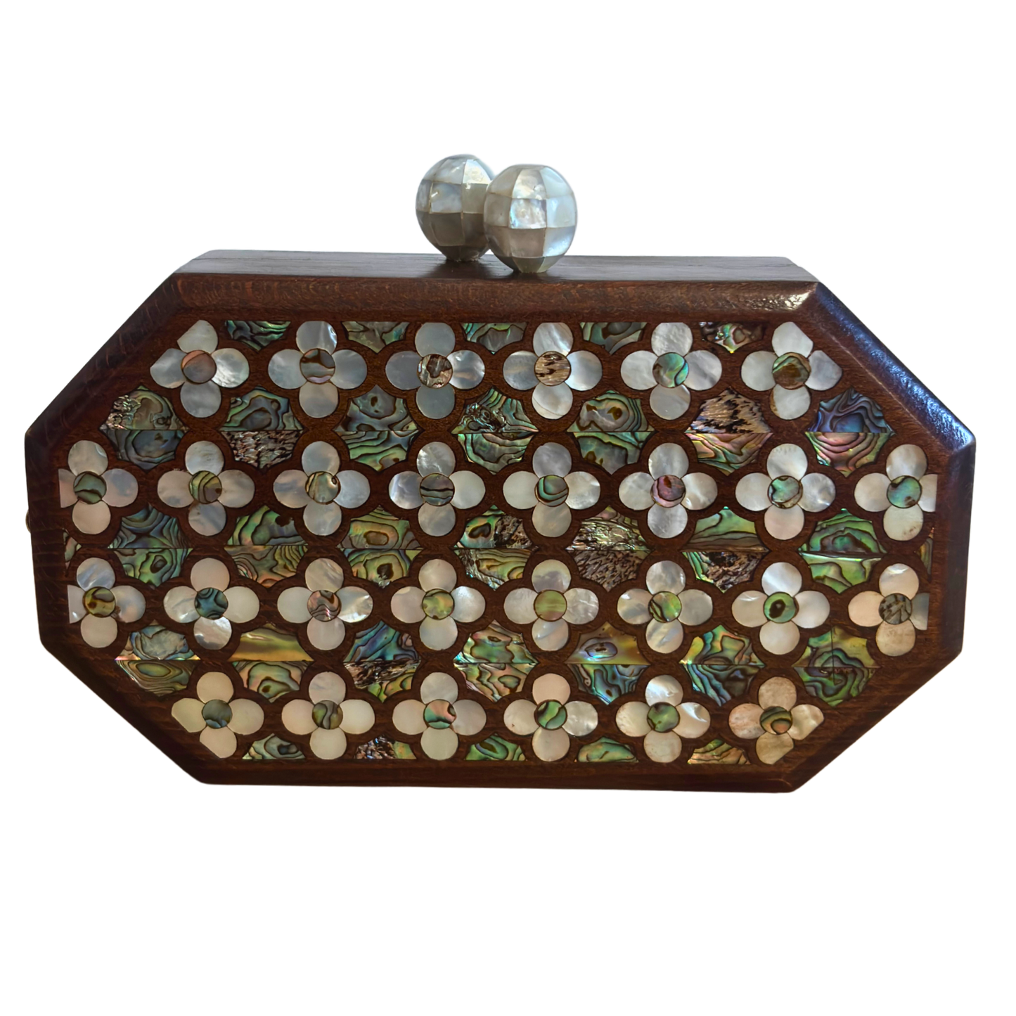 Güllerin Fısıltısı – Sedef Kakmalı Cevizden El Yapımı Şam Clutch Çantası, İnci Tesbih Zincirli