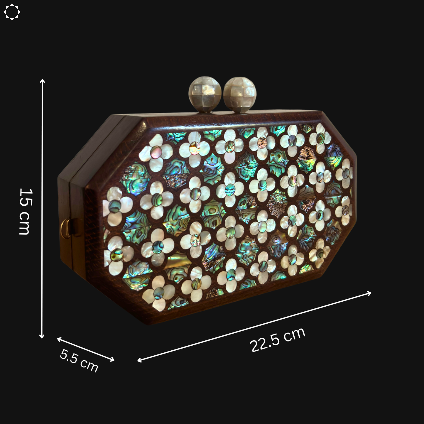 Güllerin Fısıltısı – Sedef Kakmalı Cevizden El Yapımı Şam Clutch Çantası, İnci Tesbih Zincirli