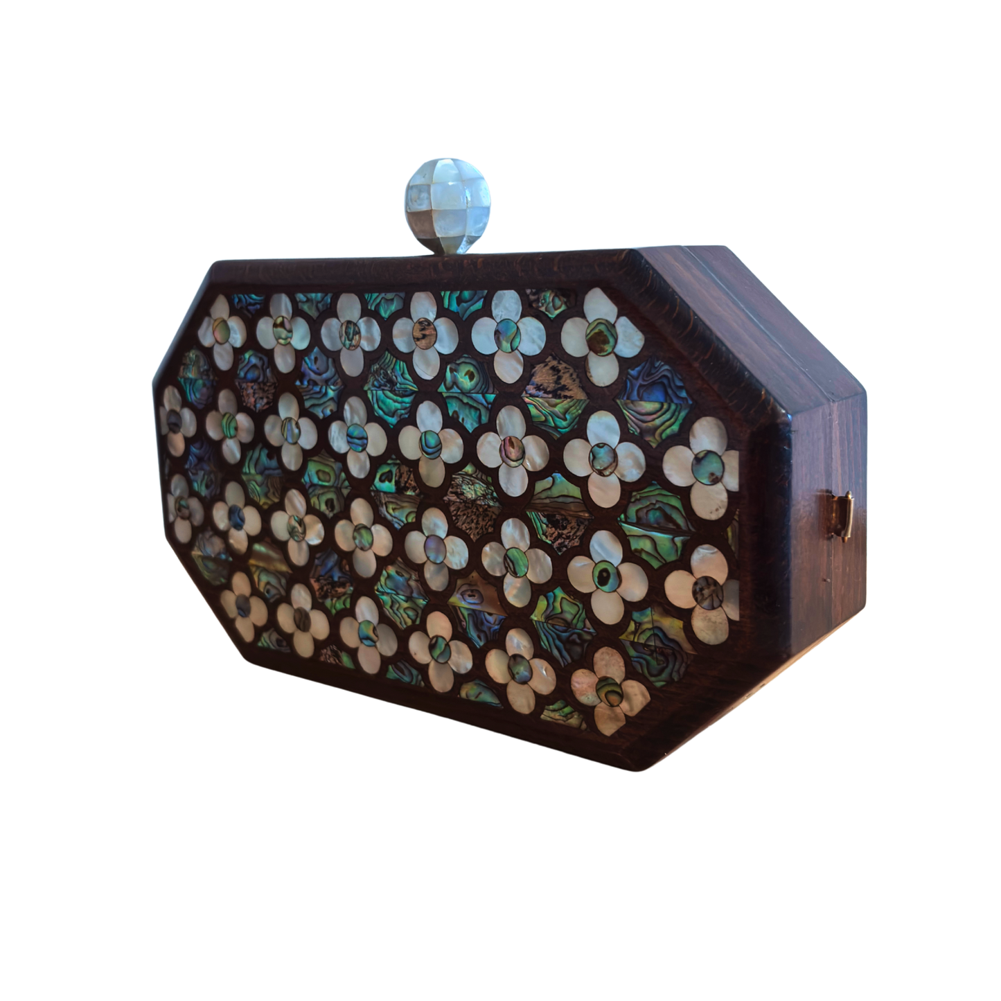 Güllerin Fısıltısı – Sedef Kakmalı Cevizden El Yapımı Şam Clutch Çantası, İnci Tesbih Zincirli