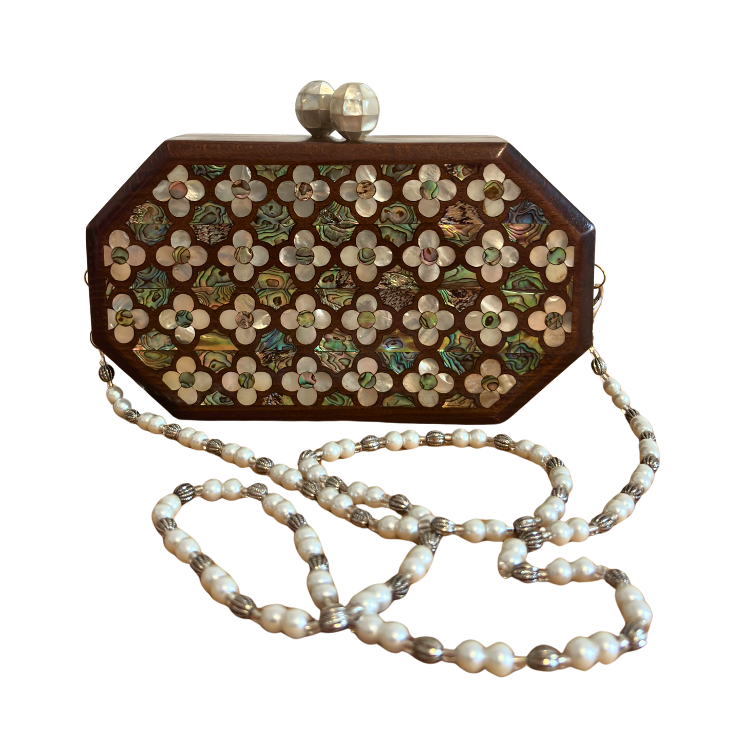 Güllerin Fısıltısı – Sedef Kakmalı Cevizden El Yapımı Şam Clutch Çantası, İnci Tesbih Zincirli