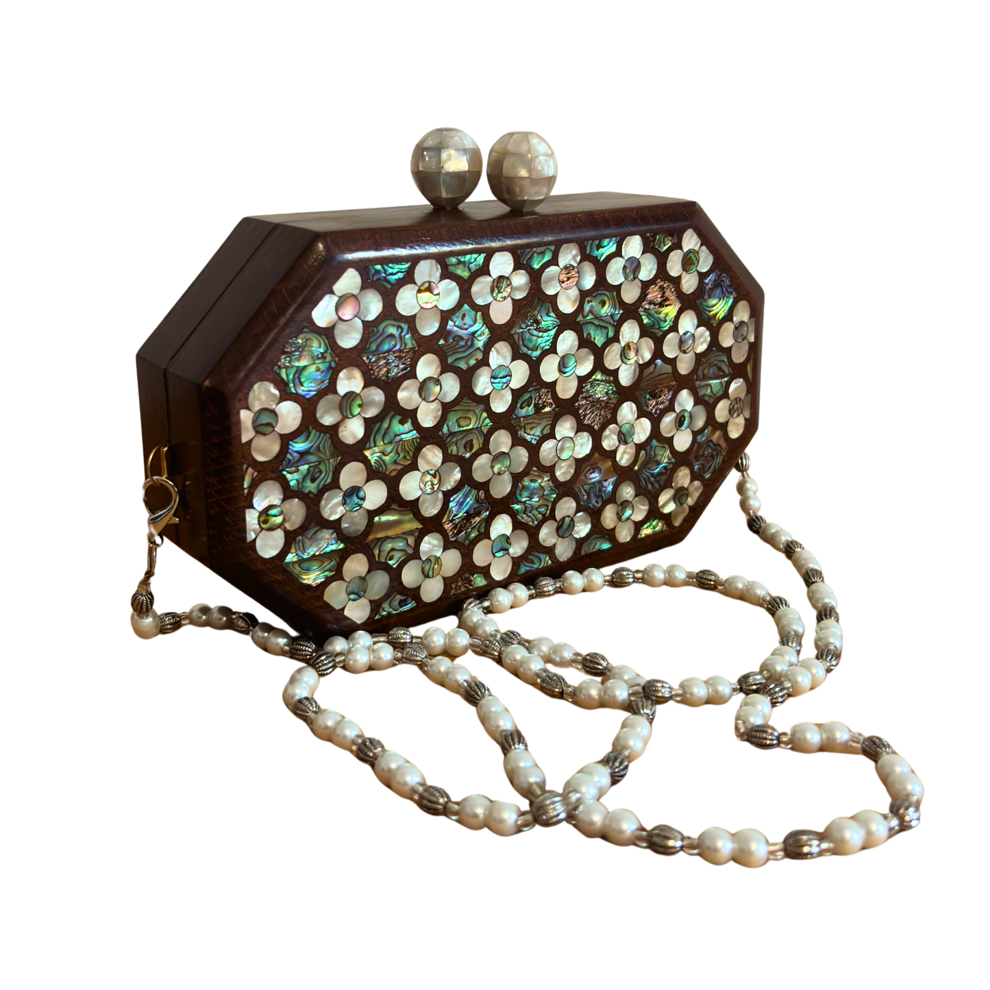 Güllerin Fısıltısı – Sedef Kakmalı Cevizden El Yapımı Şam Clutch Çantası, İnci Tesbih Zincirli
