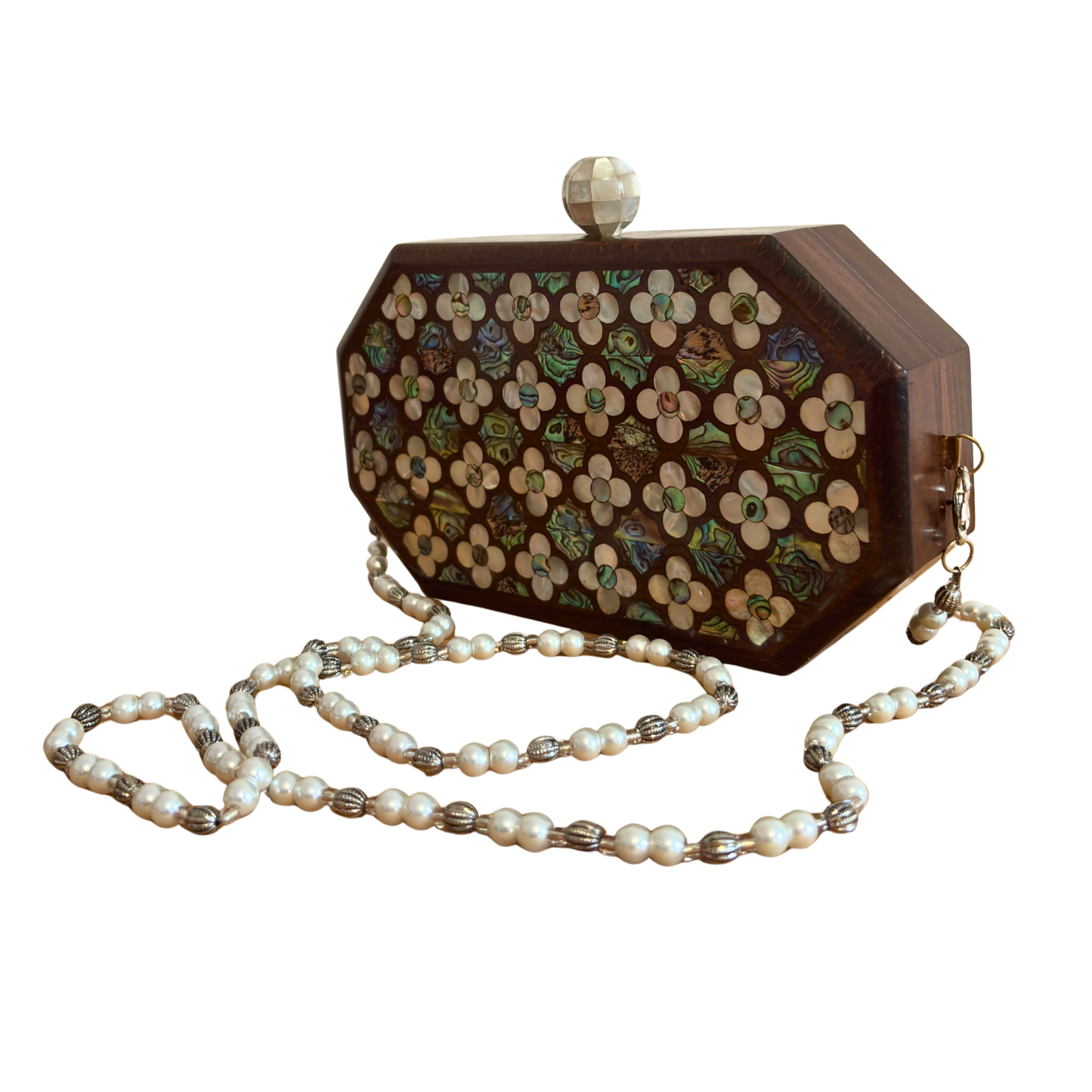 Güllerin Fısıltısı – Sedef Kakmalı Cevizden El Yapımı Şam Clutch Çantası, İnci Tesbih Zincirli