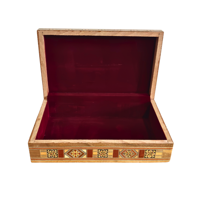 Damascene Carved Wooden Tissue Box – Natural Woods & Wine-Red Velvet Interior