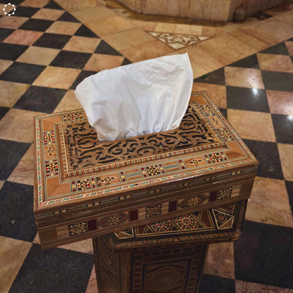 Damascene Carved Wooden Tissue Box – Natural Woods & Wine-Red Velvet Interior