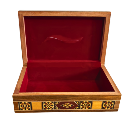 Elegante Caja de Pañuelos Damasquina en Madera – Nácar Incrustado & Interior de Terciopelo