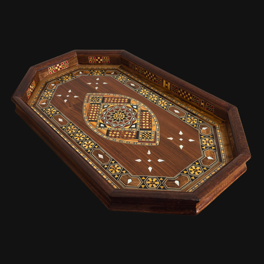 Damasceńska Drewniana Taca Mozaikowa – Masa Perłowa & Wykończenie Orzechowe