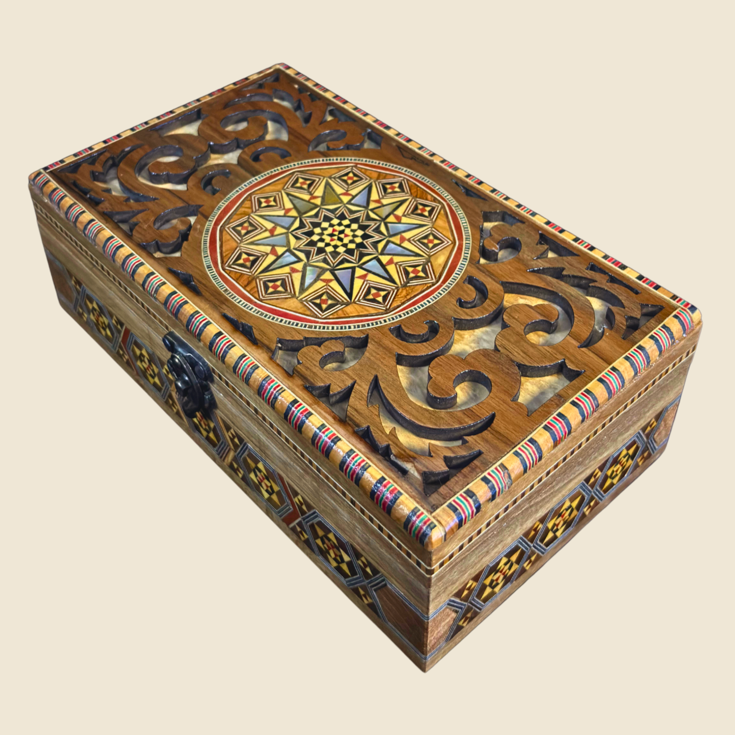Handgefertigte Mosaik-Schatulle aus Damaskus – Perlmutt & Schnitzkunst