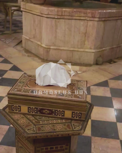 Elegante Caja de Pañuelos Damasquina en Madera – Nácar Incrustado & Interior de Terciopelo