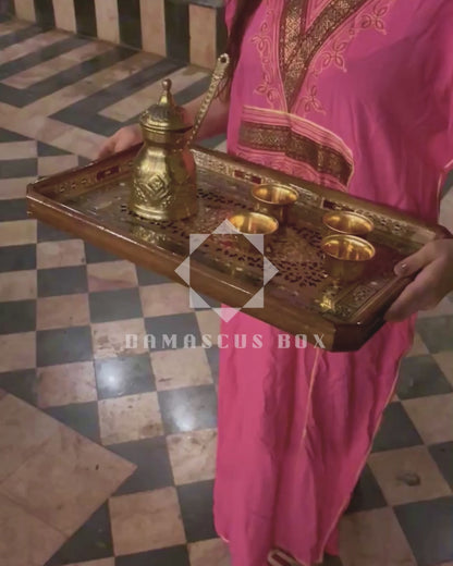 Damascene Mosaic Wooden Tray – Mother of Pearl Inlay & Natural Wood Elegance